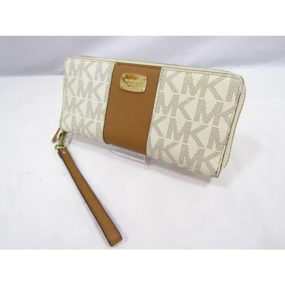 Michael Kors MK Jet Set Monogram Cream and Brown Zip Wallet